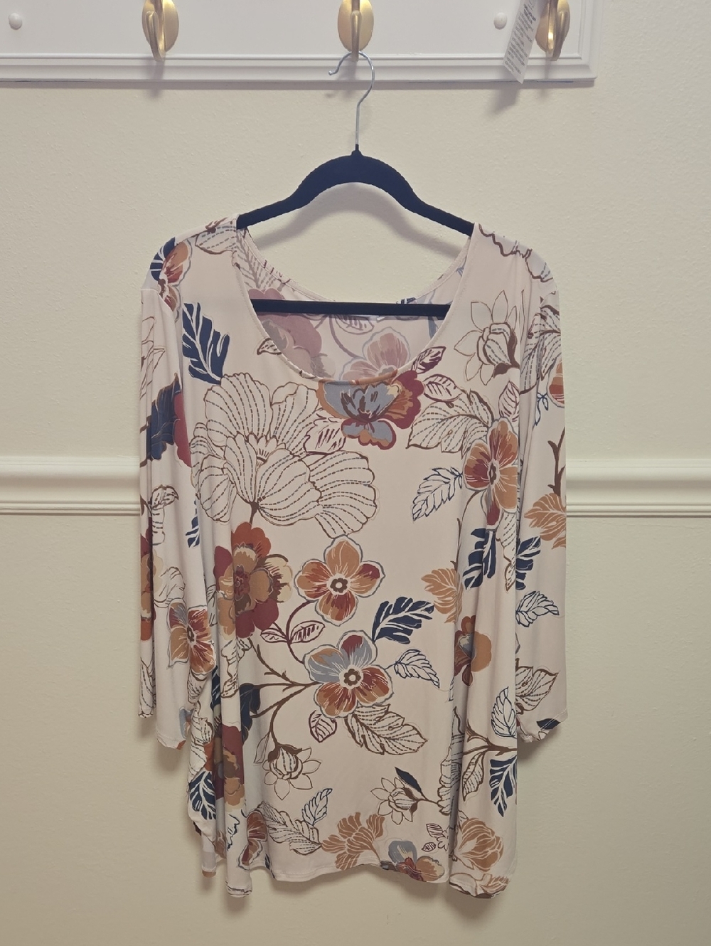 Susan Graver Cream Floral Scoop-Neck Tunic with Rust and Navy Accents
